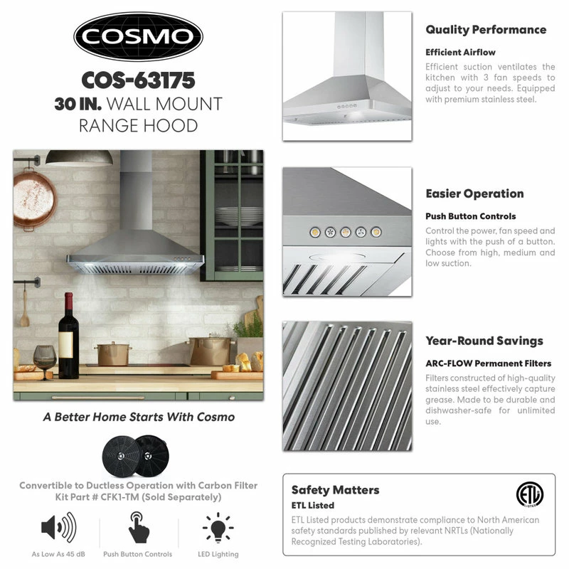 Best reviews of 🔥 Cosmo Appliances Wall Mount Range Hood With Permanent Filters, LED Lights, 30", Ducted 🎉 - Image 3