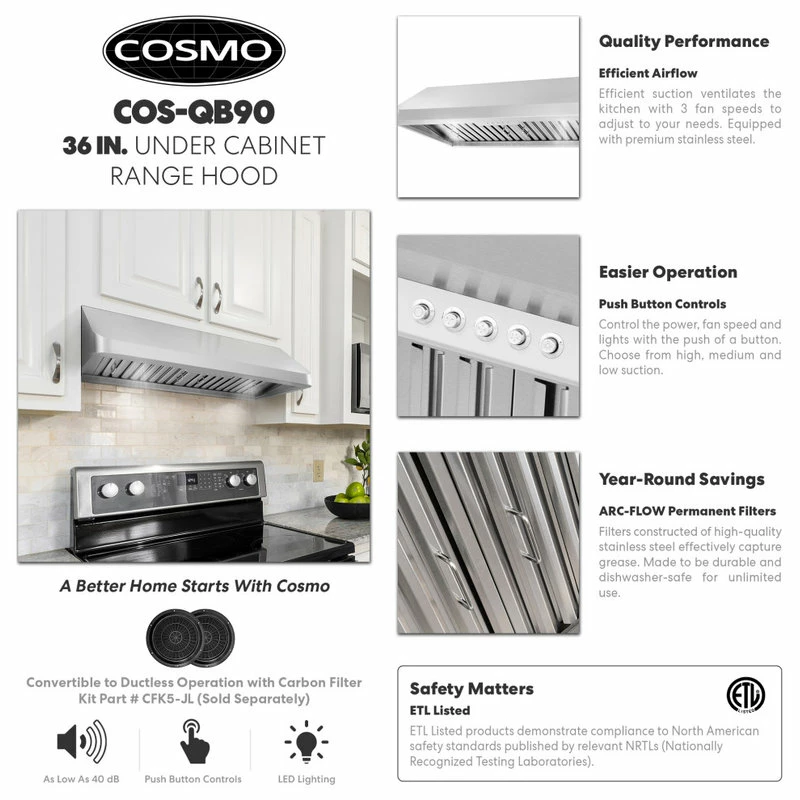 Coupon ๐งจ Cosmo 36" Ducted Under Cabinet Range Hood In Stainless Steel โ๏ธ - Image 3
