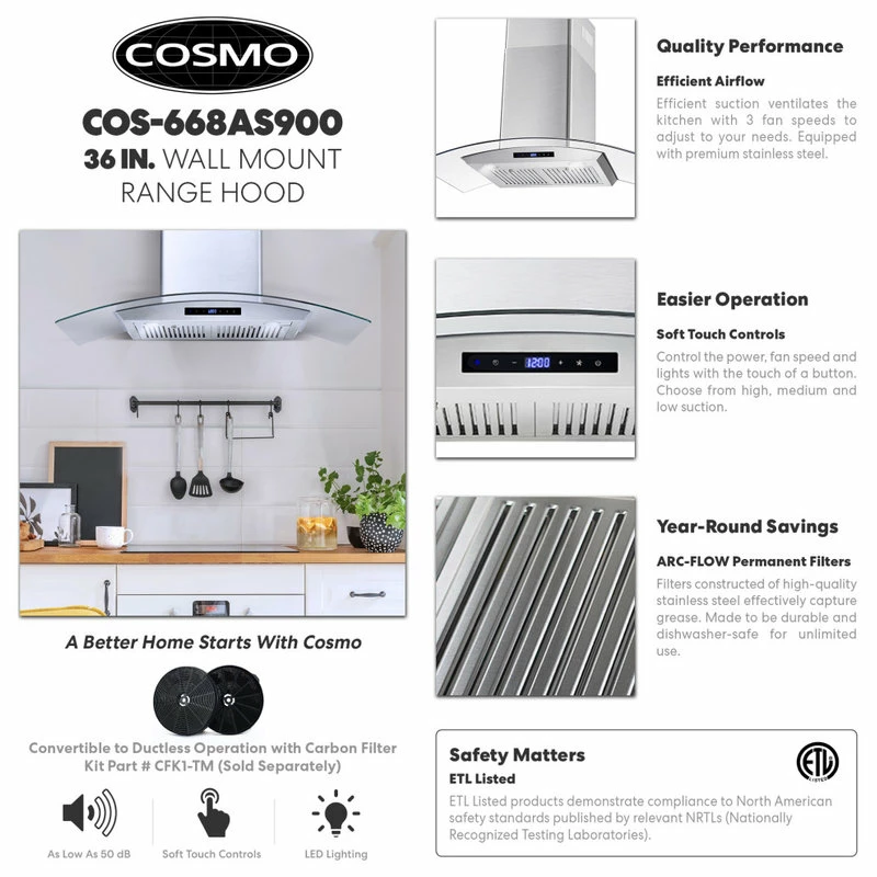 Flash Sale ⭐ Cosmo 380 CFM Wall Mount Range Hood With Touch Controls, Stainless Steel, 30" 🌟 - Image 3