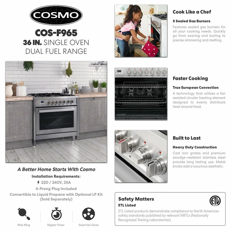Wholesale ๐ฅฐ Cosmo 36" Pro Chef Style Dual-Fuel Range True Convection Oven ๐ - Image 3