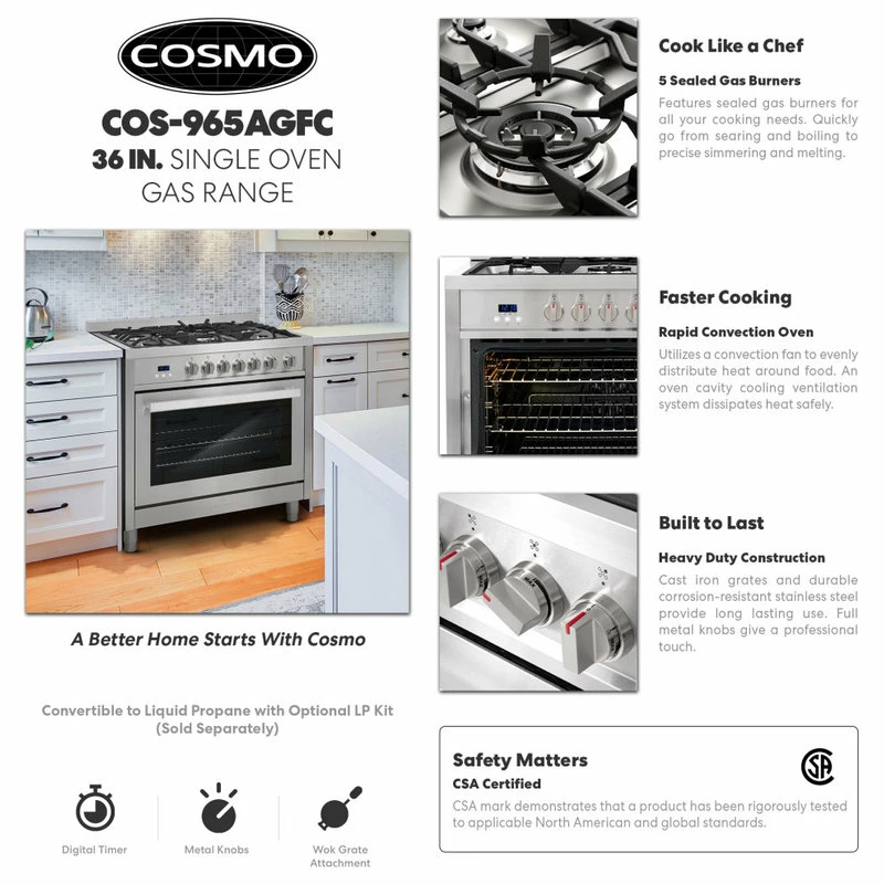 Top 10 🤩 Cosmo Appliances Cosmo Gas Range Pro Style Modern Stainless Steel Convection Oven 👍 - Image 3