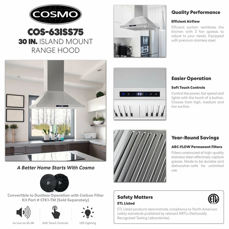 Best Sale 👍 Cosmo 30" Ductless Island Range Hood With Soft Touch Controls And Permanent Filters 💯 - Image 3