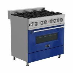 Best Pirce 😍 ZLINE Kitchen And Bath ZLINE 36" Range Gas Stove And Electric Oven, DuraSnow And Blue Gloss 👏